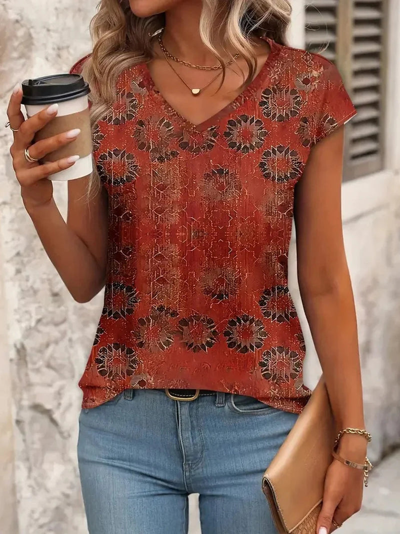 Women Red Floral V-neck Short Sleeve T-shirt