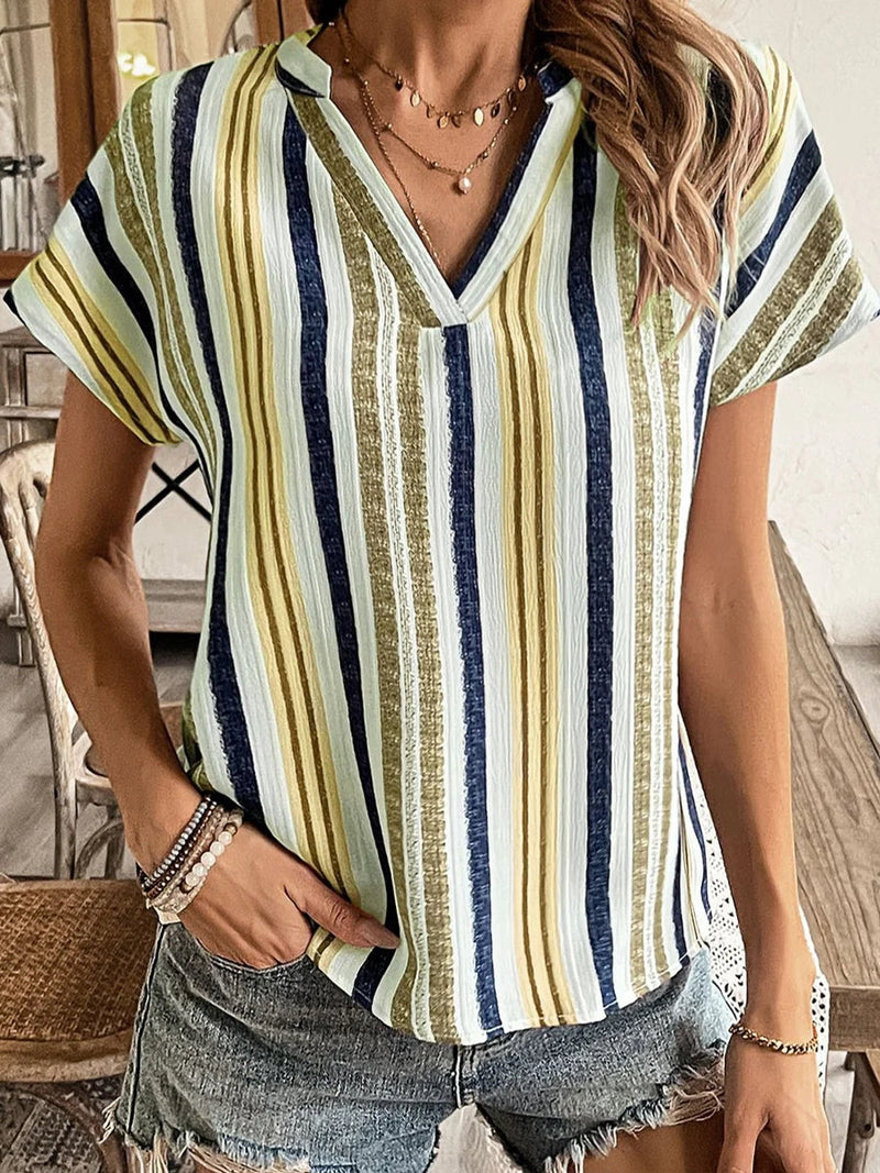 Casual Striped Short Sleeve V-neck T-shirt