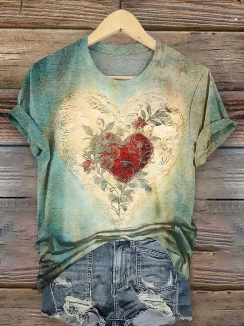 Retro Heart Print Round Neck Short Sleeve Top