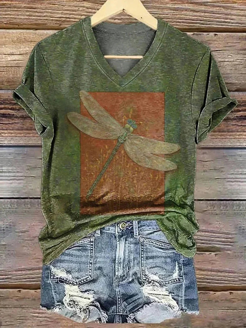 Chic Dragonfly Print V-neck Short Sleeve T-Shirt