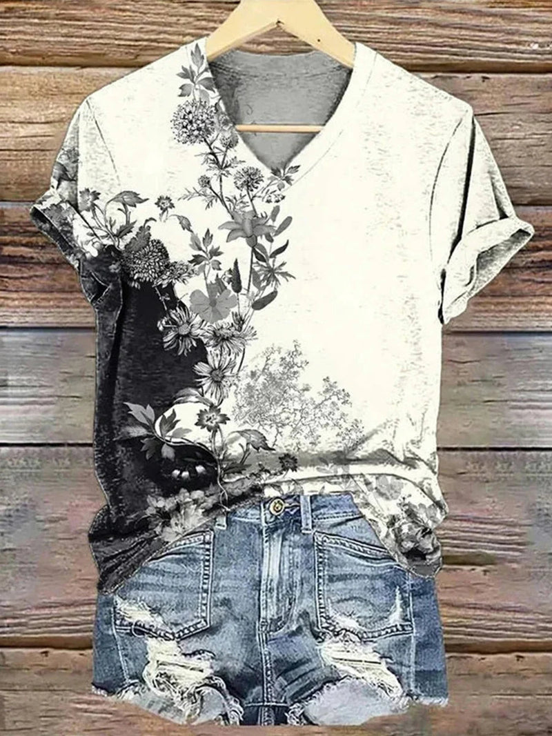 Vintage Print V-neck Short Sleeve T-Shirt
