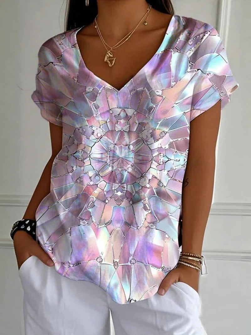 Colorful Geometric Print V-neck Short Sleeve T-Shirt