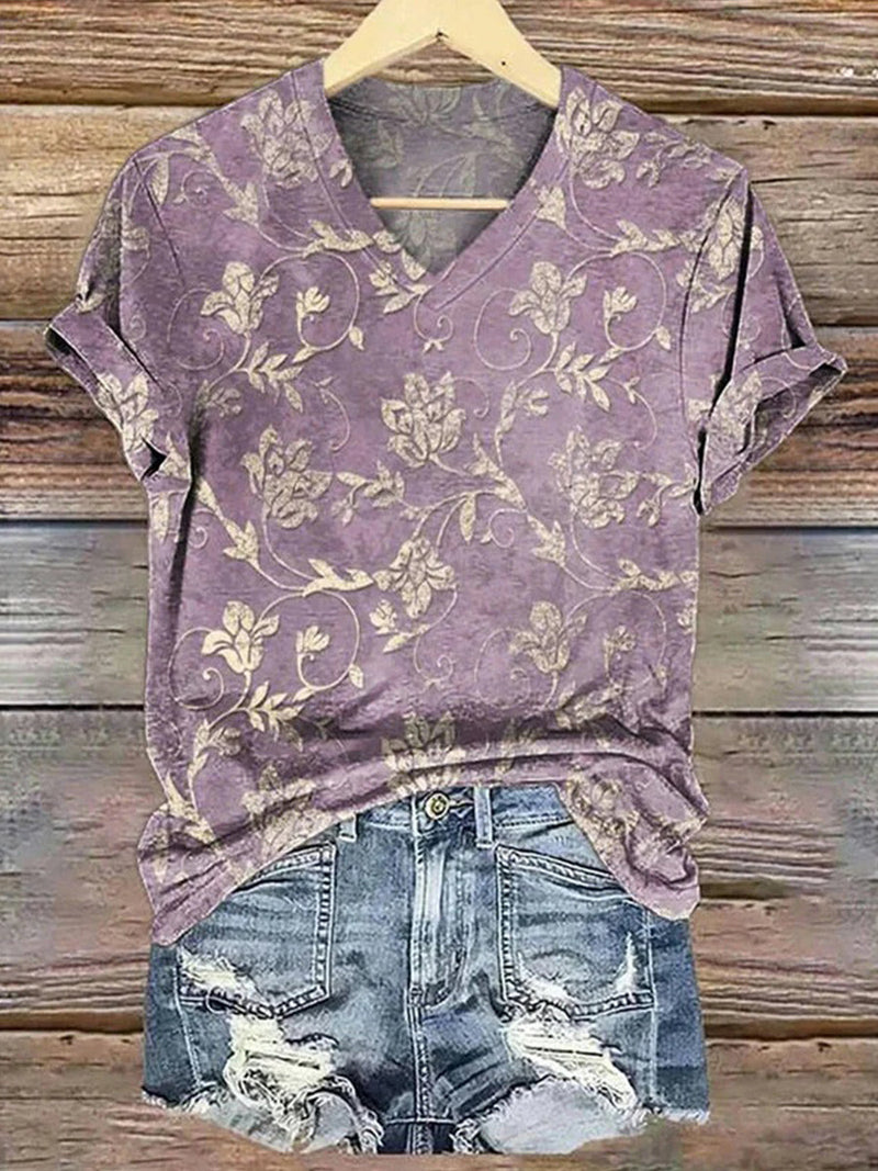 Vintage Purple Floral Print V-neck Short Sleeve T-Shirt