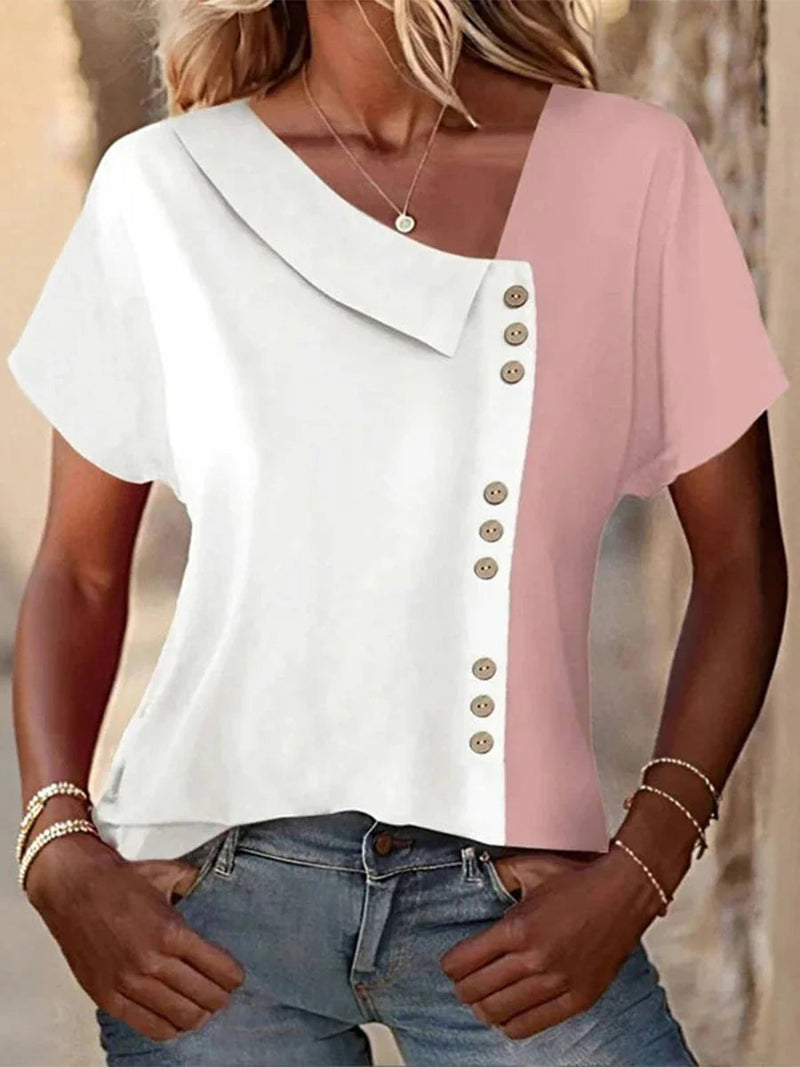 Casual Colorur block Asymmetric Neck Top