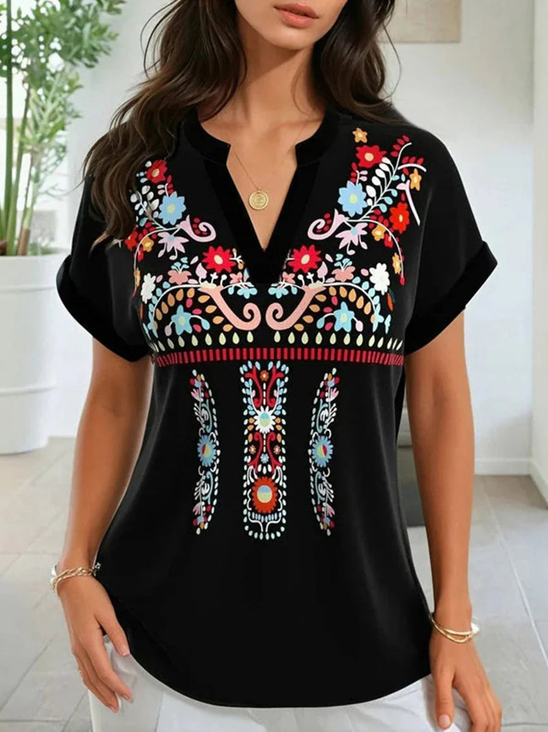 Retro Floral Print V-neck Short Sleeve Blouse