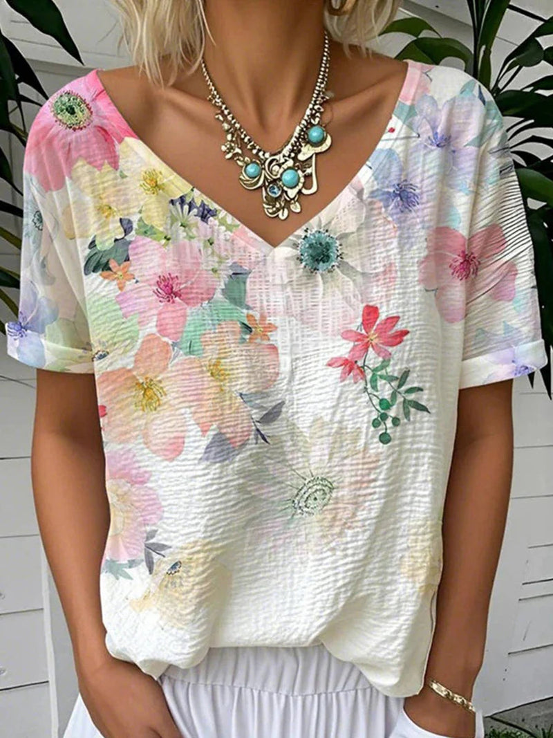 Colorful Floral Print V-neck Short Sleeve T-Shirt
