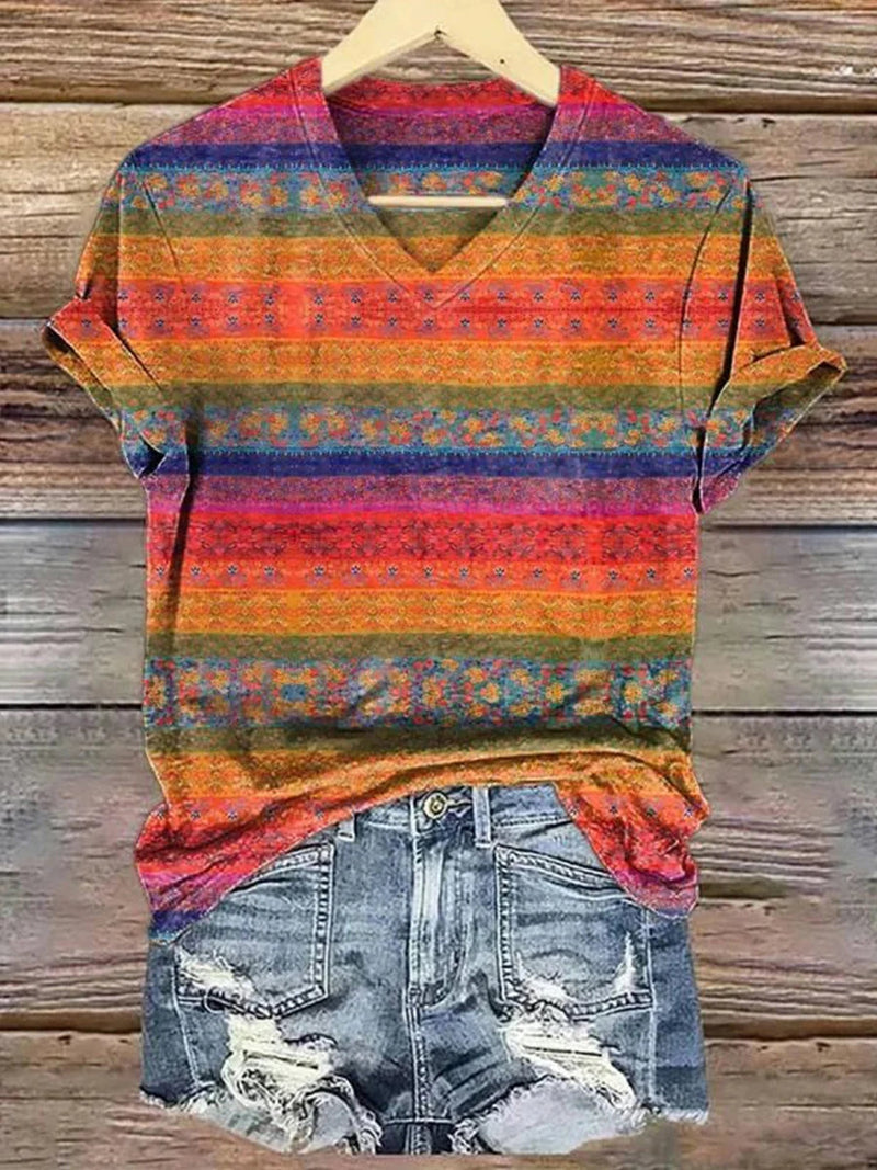 Colorful Stripe Print V-neck Short Sleeve Top