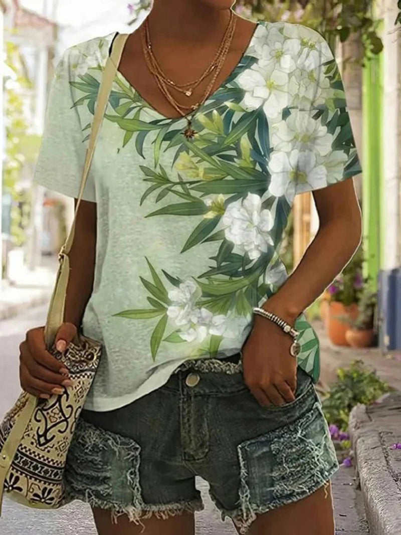 Chic Floral Print V-neck Short Sleeve T-Shirt