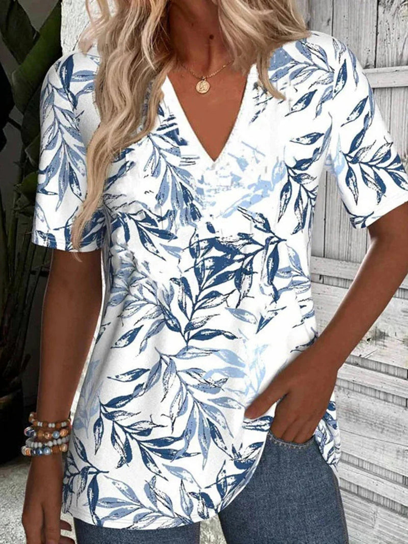 Trendy Leaf Print V-neck Short Sleeve T-Shirt