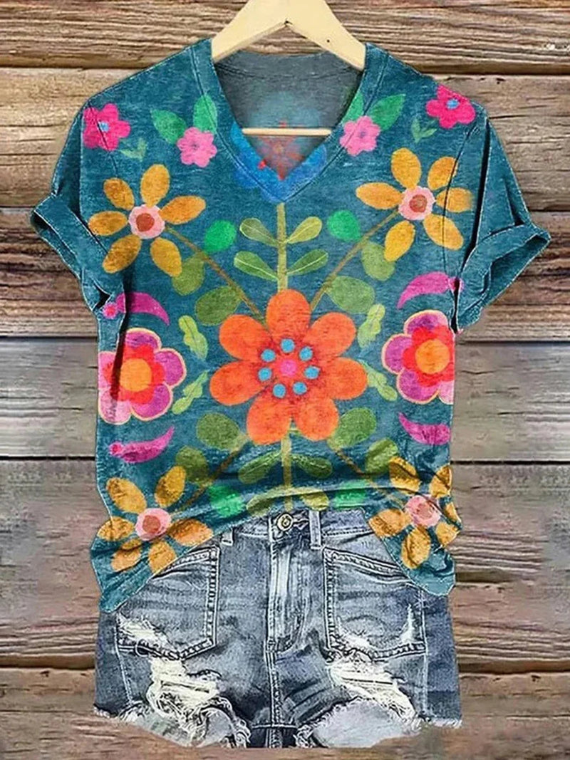 Vintage Floral Print V-neck Short Sleeve Top