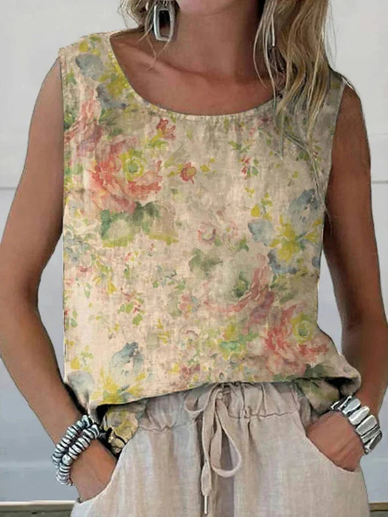 Trendy Vintage Print Round Neck Sleeveless Tank Top