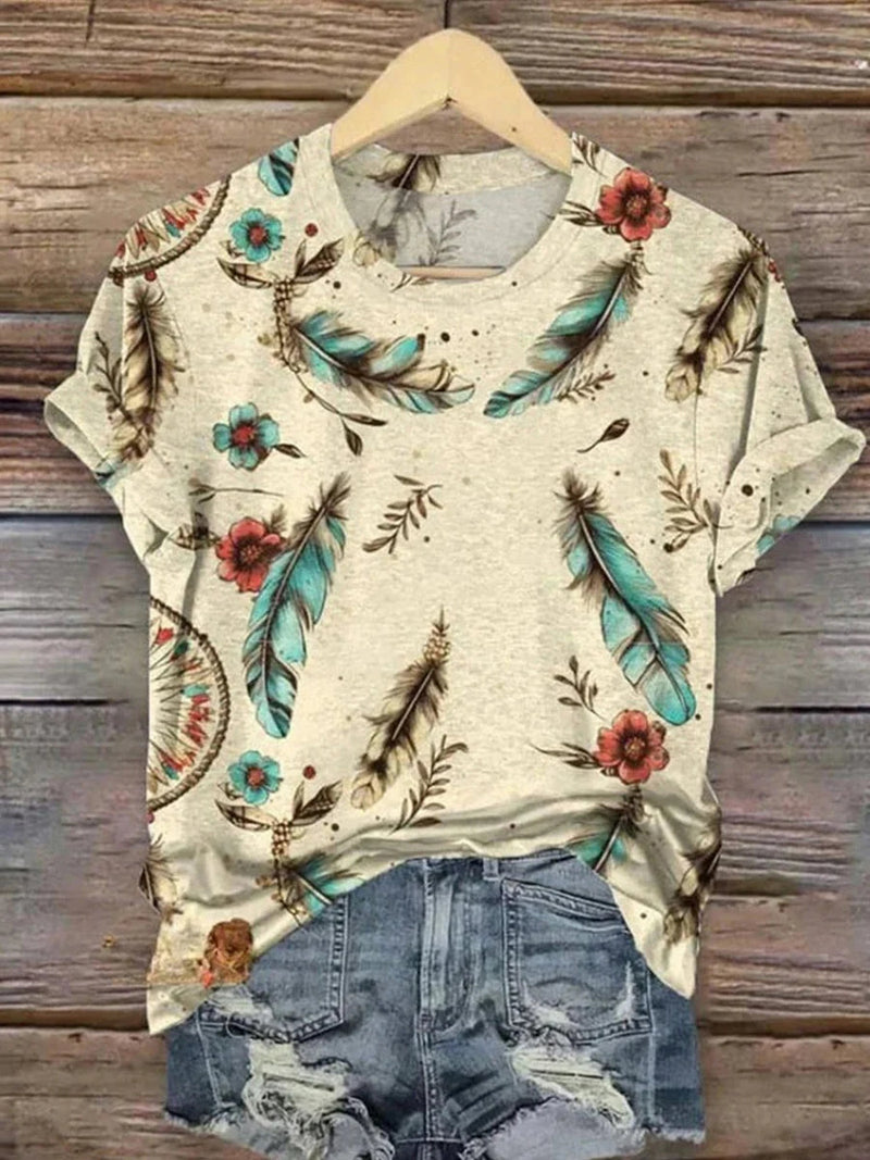 Trendy Floral Print Round Neck Short Sleeve T-Shirt