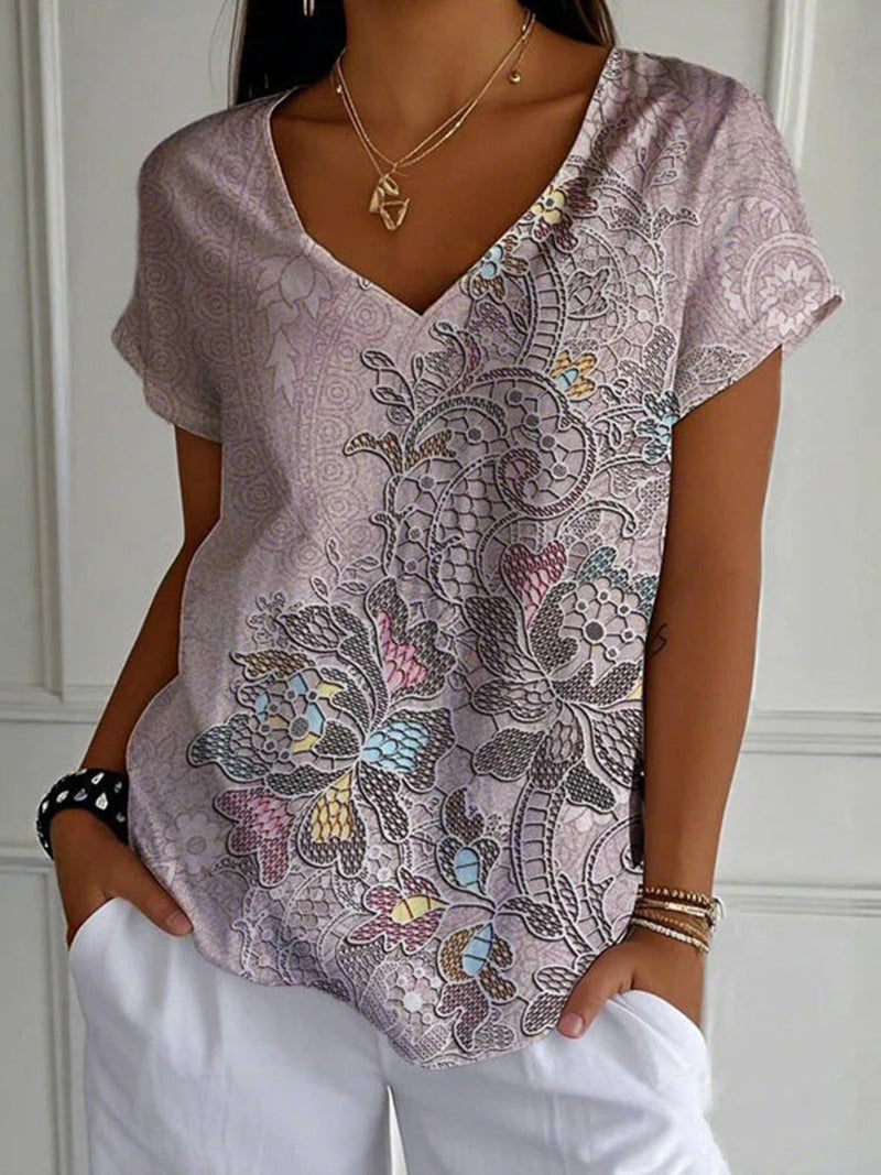 Trendy Vintage Floral Print V-neck Short Sleeve T-Shirt