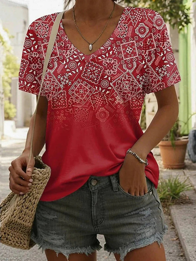Vintage Red Ethnic Print V-neck Short Sleeve T-Shirt