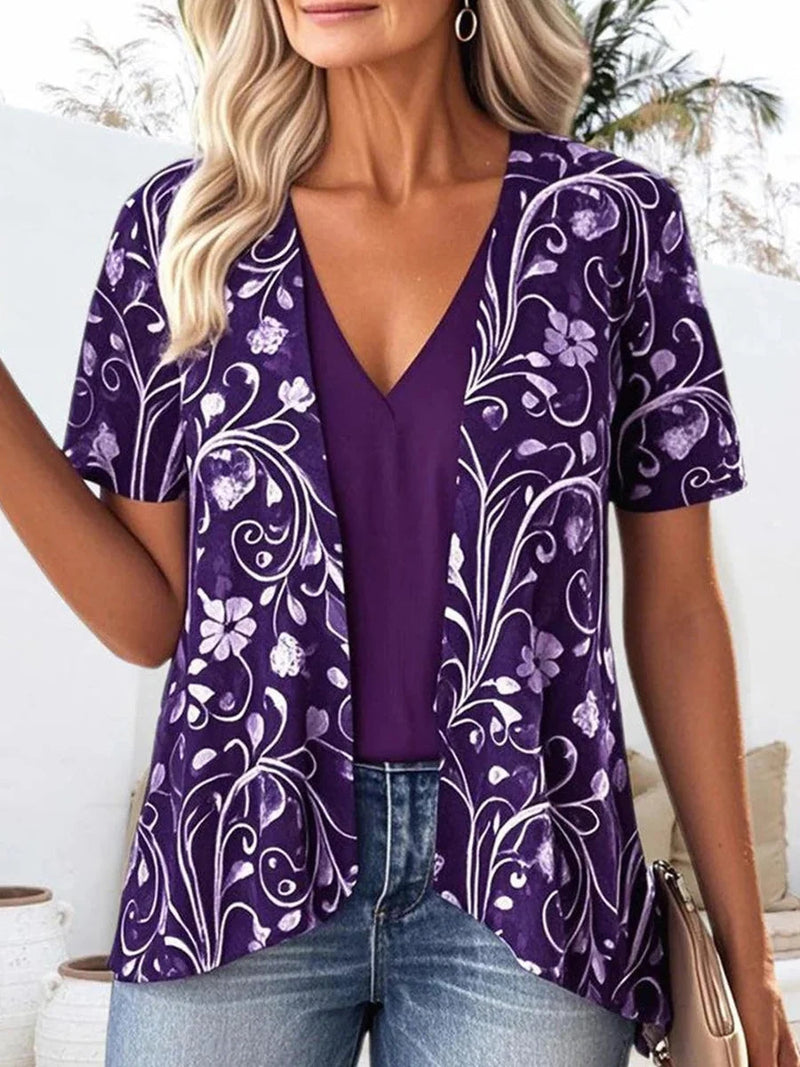 Purple Floral V-neck Short Sleeve Top