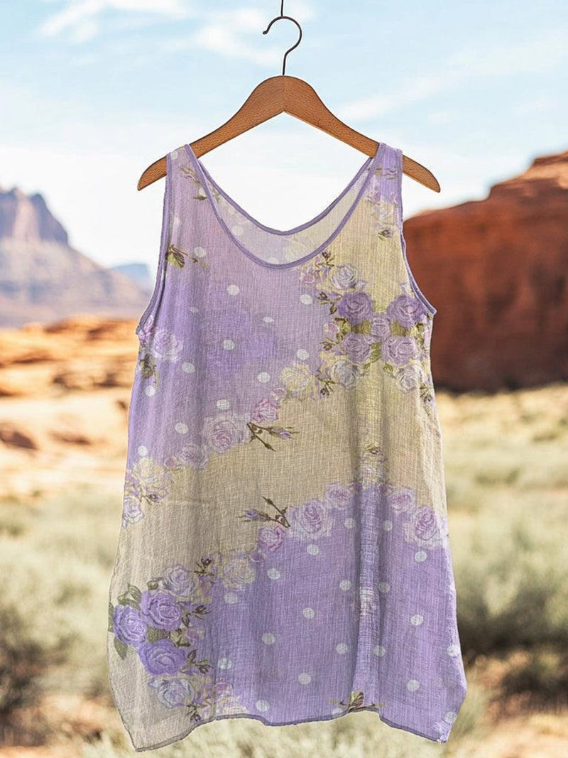 Breezy Purple Floral Round Neck Sleeveless Tank Top