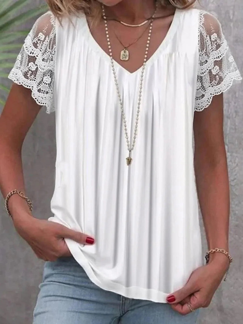 Simple Plain White V-neck Short Sleeve Top