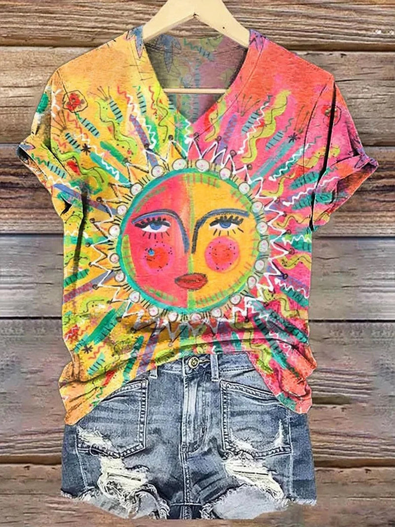 Colorful Print V-neck Short Sleeve Top