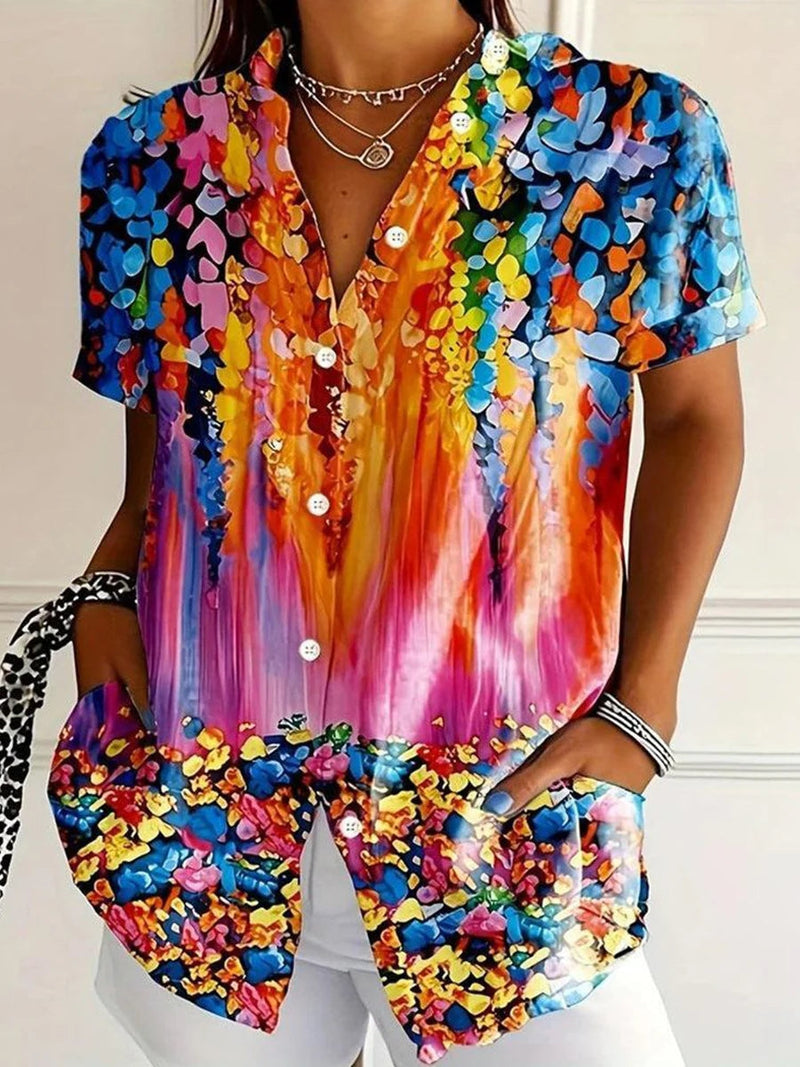 Artistic Watercolor Floral Print V-neck Short Sleeve Top