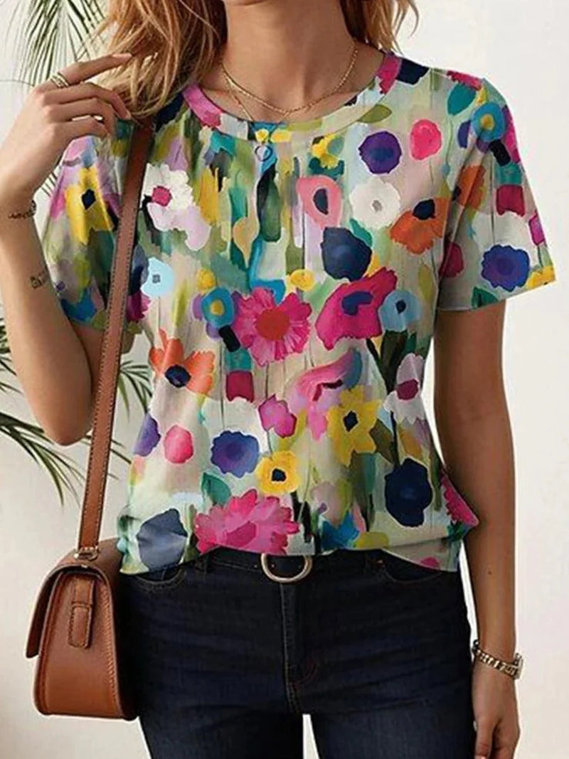 Colorful Floral Print Round Neck Short Sleeve Top