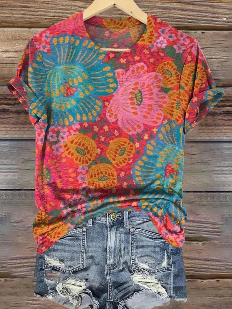 Chic Colorful Print Round Neck Short Sleeve Top