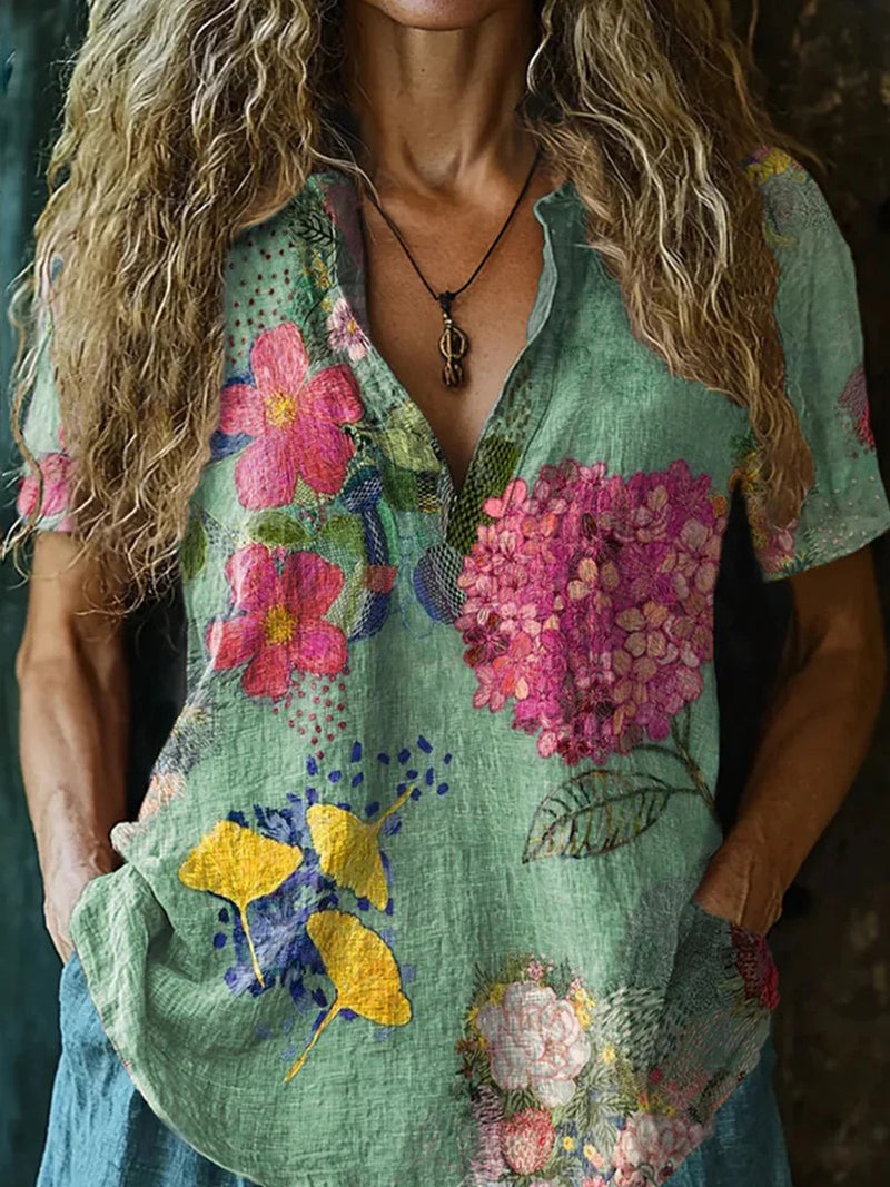 Trendy Floral Print V-neck Short Sleeve Top