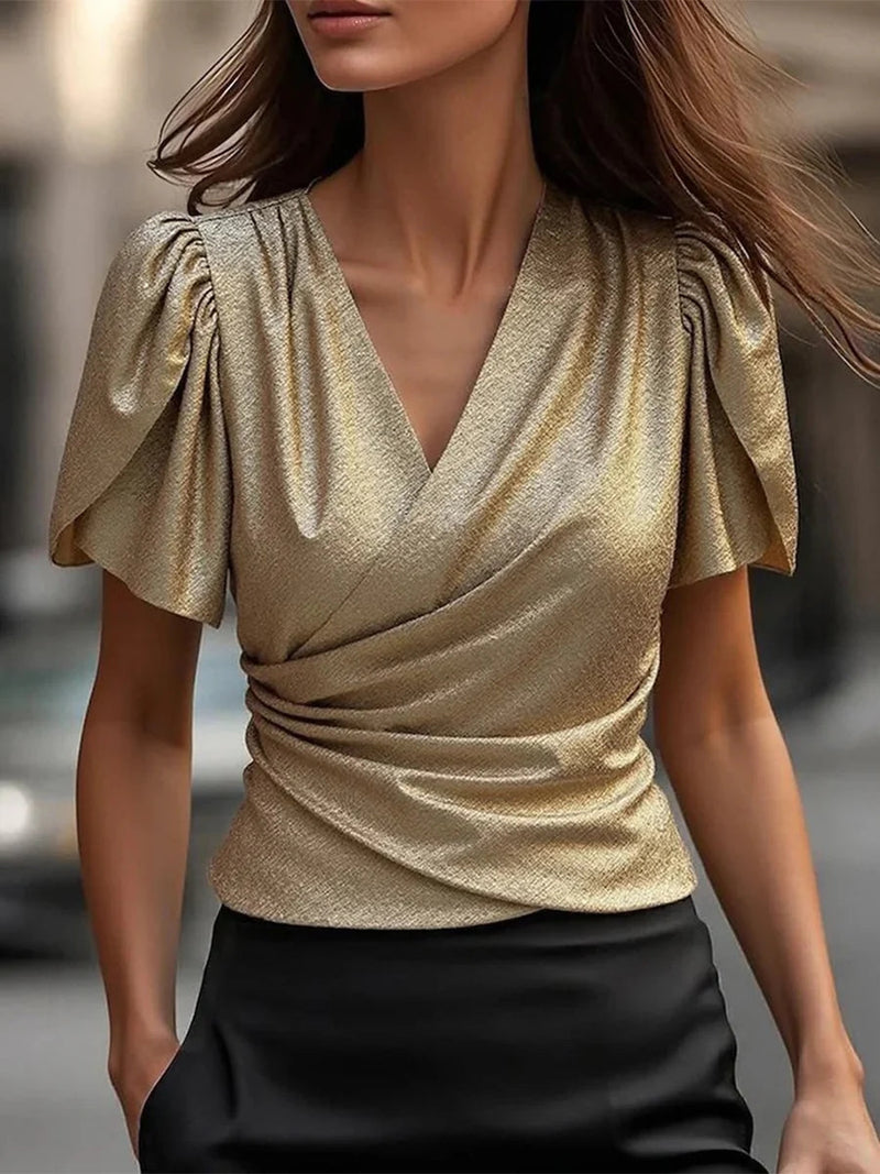 Trendy Gold V-neck Short Sleeve Top