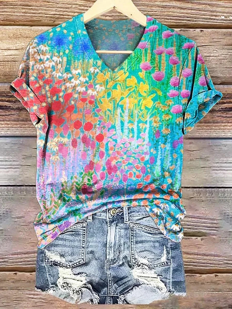 Colorful Floral V-neck Short Sleeve Top