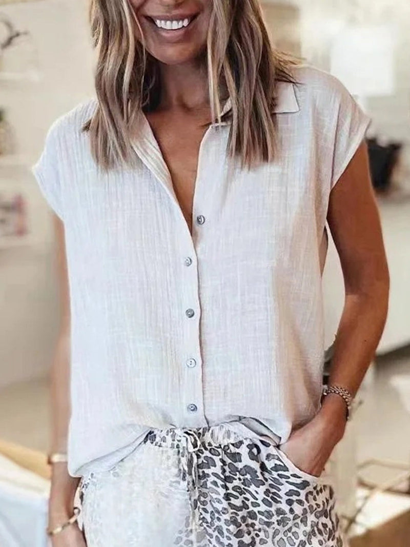 Classic Solid Color Loose Lapel Short Sleeve Top