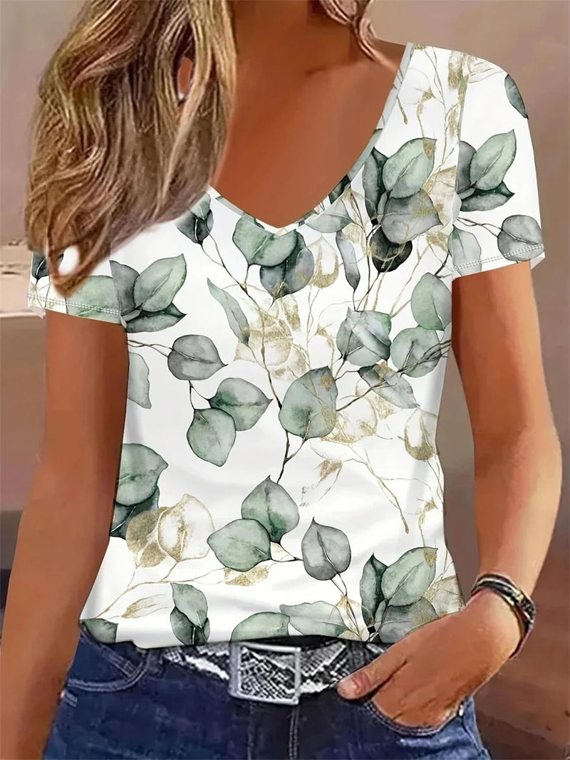 Women Floral Print V-neck Short Sleeve Top
