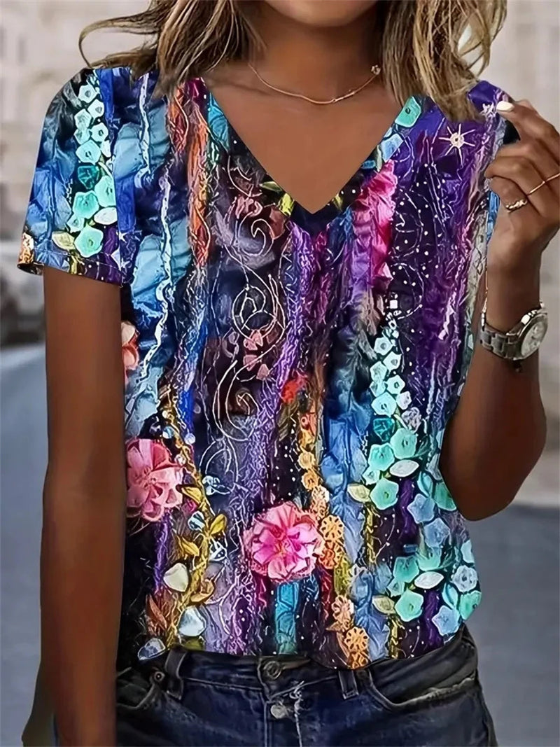 Women Floral V-neck Short Sleeve T-shirt