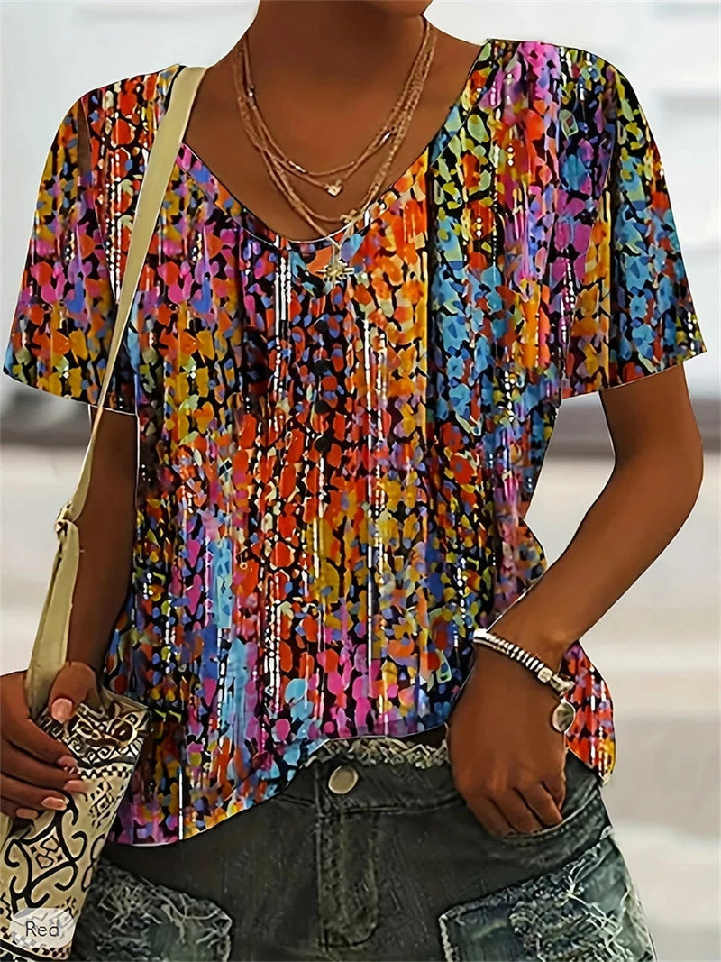 Colorful Abstract Print V-neck Short Sleeve T-shirt