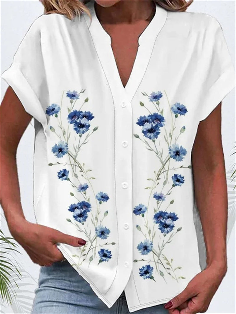 Chic Floral Print V-neck Short Sleeve Shirt