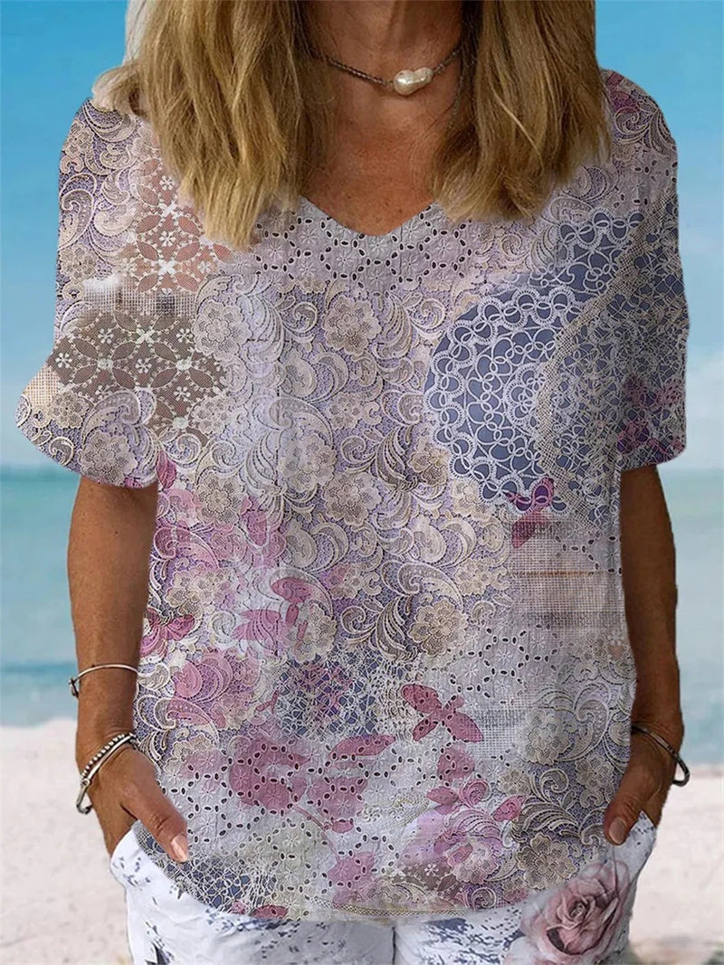 Casual V-neck Lace Print Short Sleeve Top