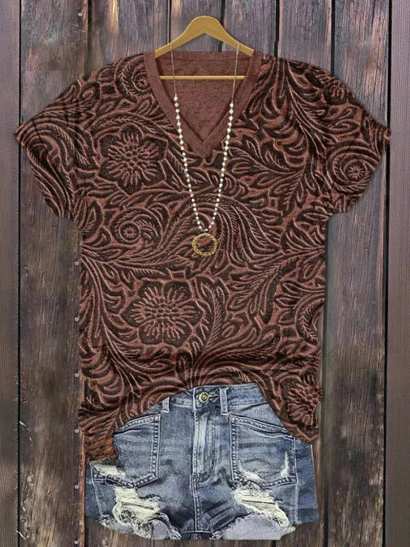 Vintage Brown Floral Print V-neck Short Sleeve T-Shirt
