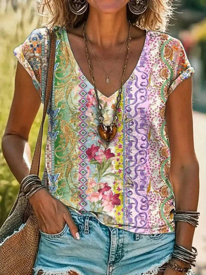 Women Vintage Floral Print V-neck Short Sleeve T-Shirt