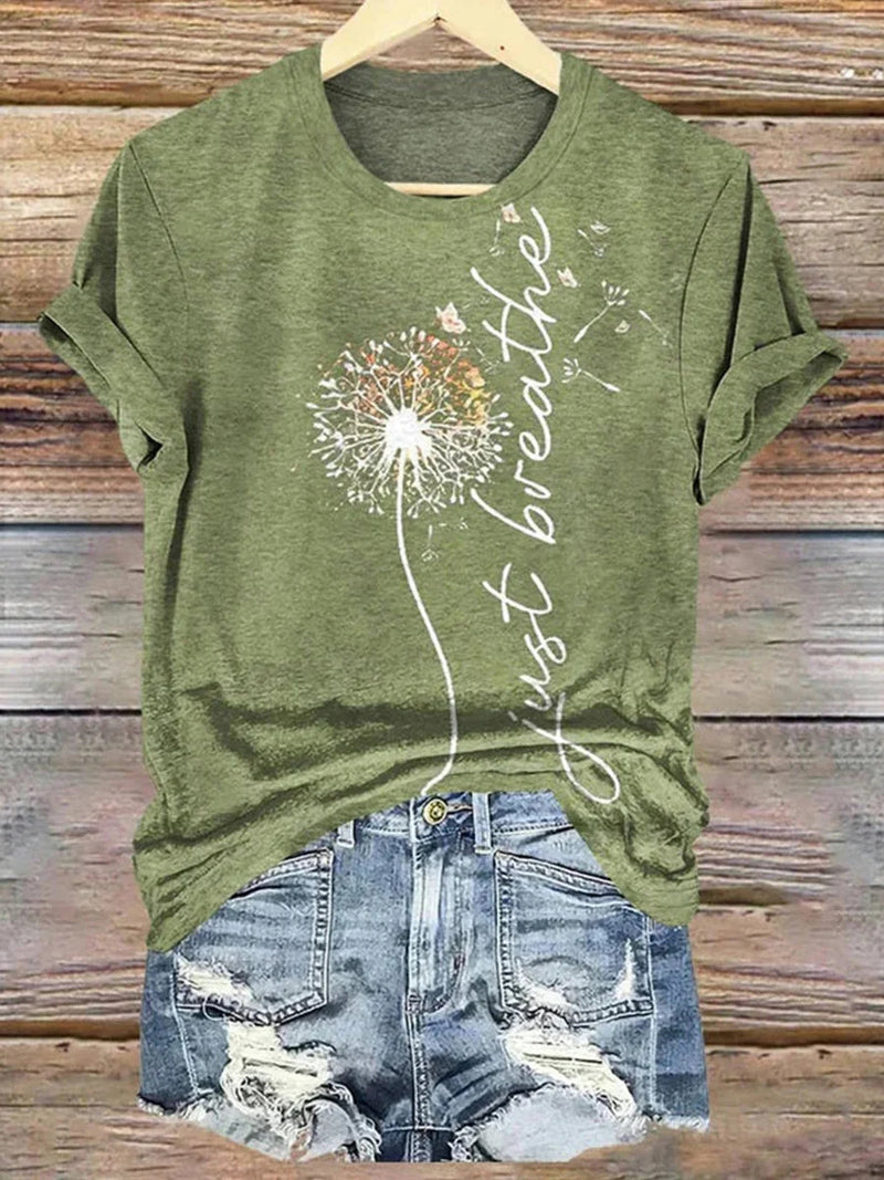 Vintage Green Dandelion Print Round Neck Short Sleeve T-Shirt