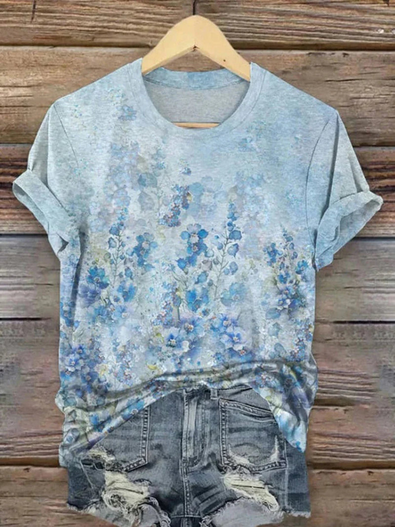 Vintage Blue Floral Round Neck Short Sleeve T-Shirt