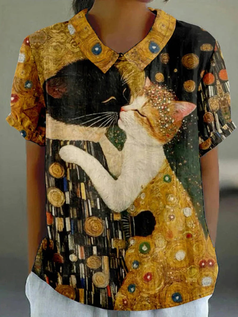 Vintage Cat Print Short Sleeve Blouse