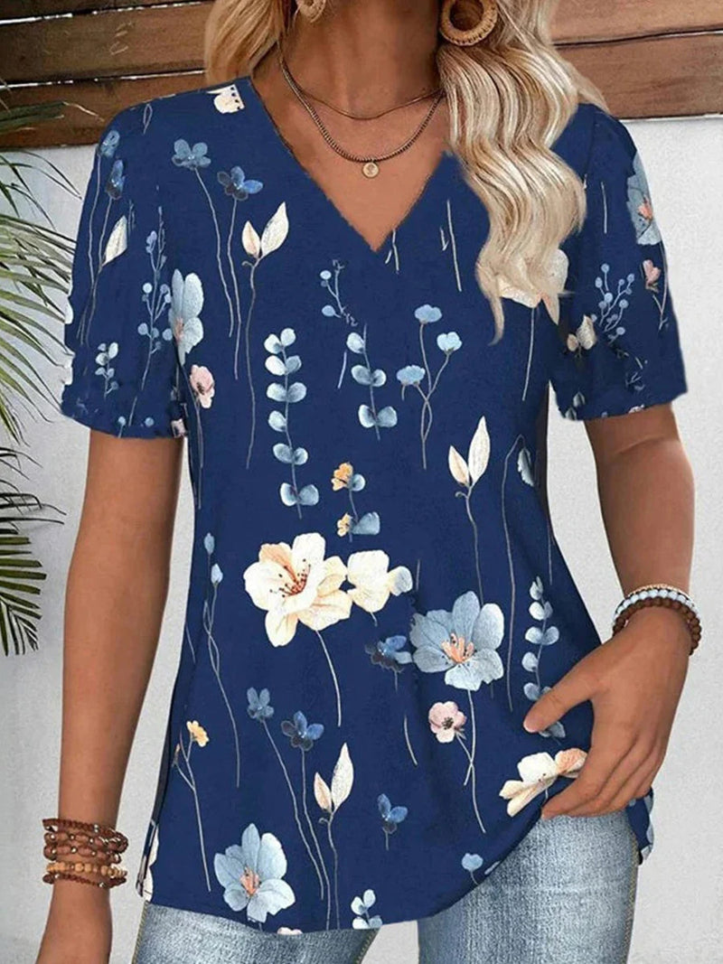 Vintage Navy Floral Print V-neck Short Sleeve T-Shirt