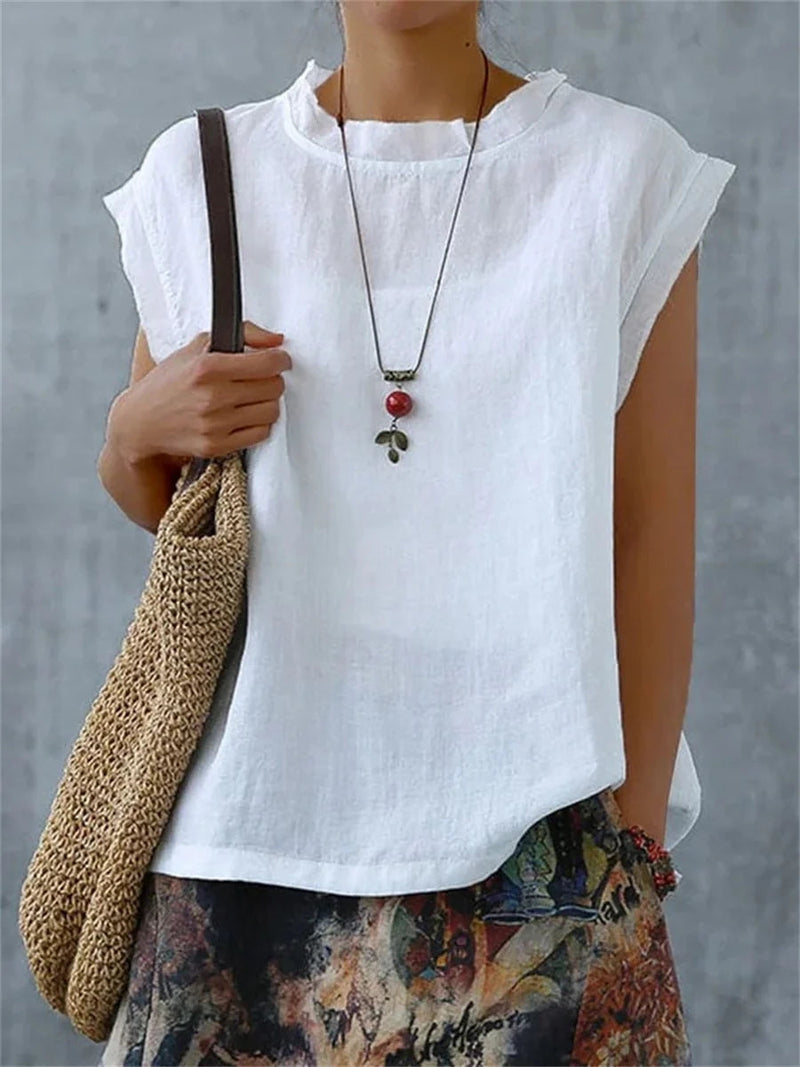 Simple White Ruffle Collar Design Simple Casual Sleeveless Shirt