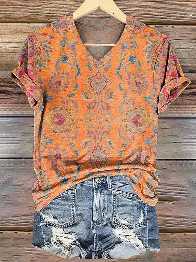 Vintage Orange V-neck Short Sleeve Top