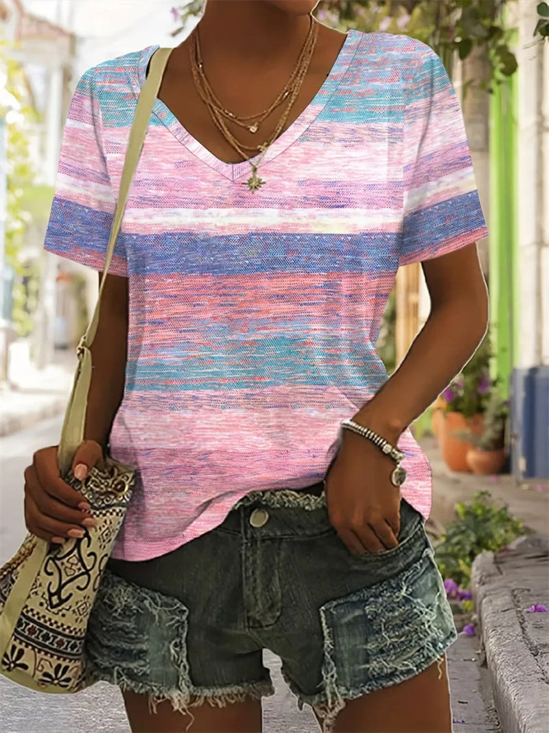 Casual Colorful Striped V-neck Short Sleeve T-Shirt