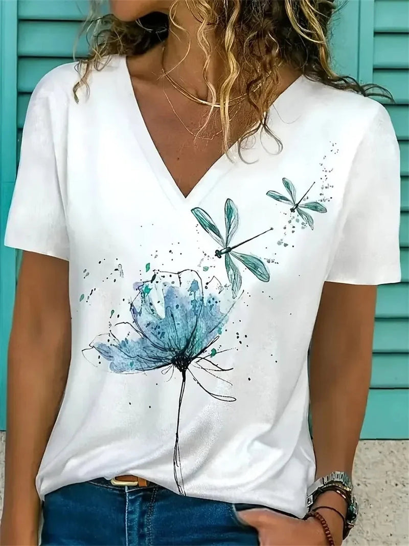 Casual Floral Print Casual V-Neck Short Sleeve White T-Shirt