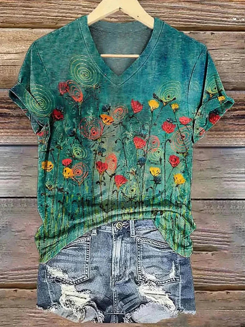 Vintage Green Floral Print V-neck Short Sleeve T-Shirt