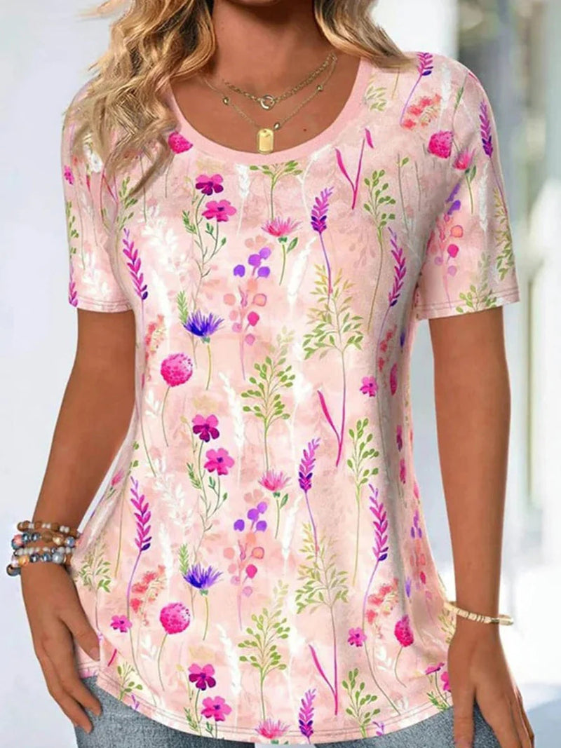 Colorful Floral Print Round Neck Short Sleeve T-Shirt
