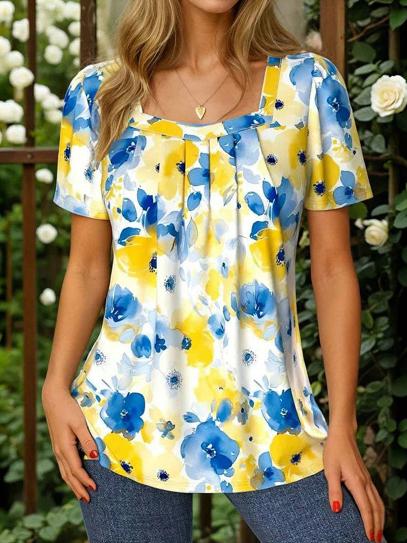 Stylish Floral Square Neck Short Sleeve Print Blouse