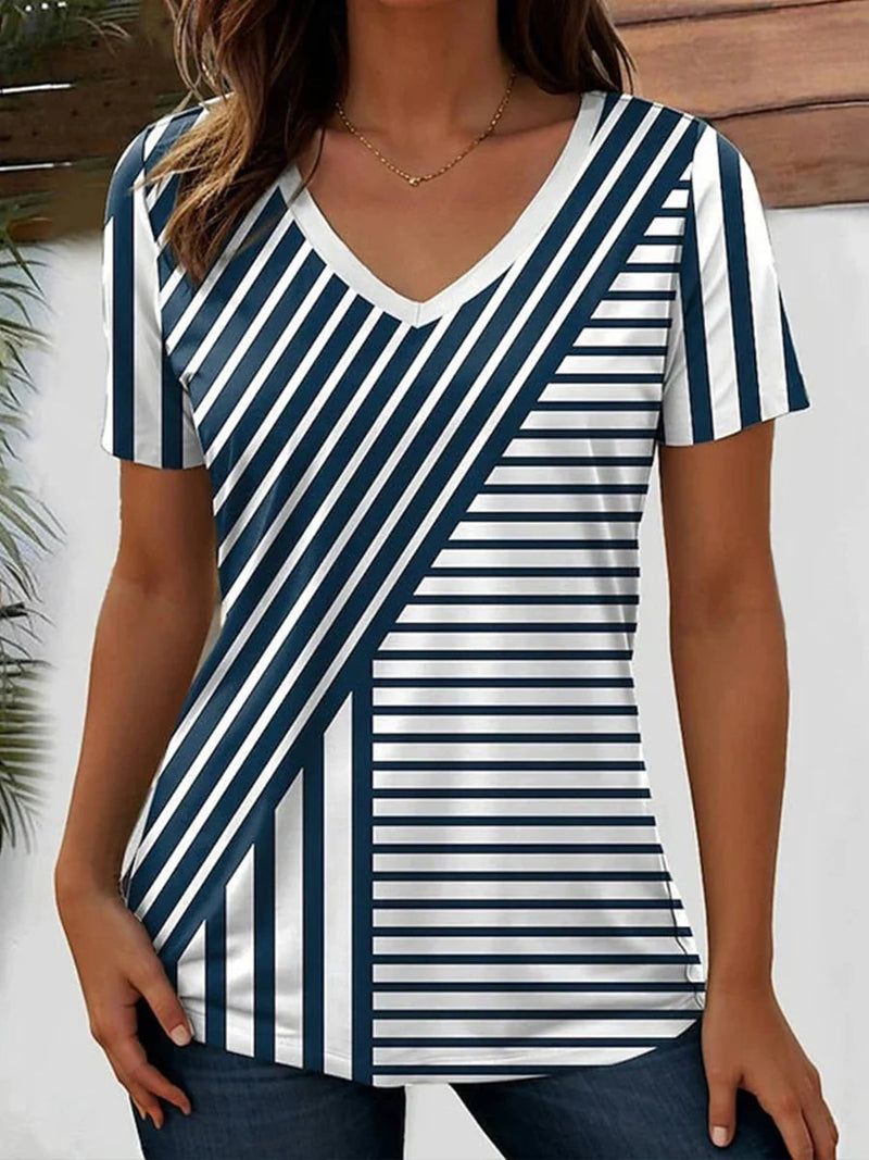 Simple Striped V-neck Short Sleeve T-Shirt