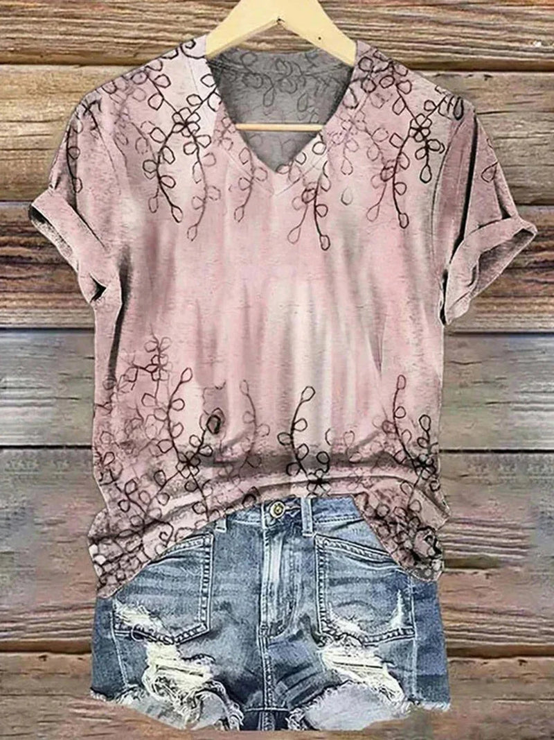 Vintage Pink Leaf Print V-neck Short Sleeve T-Shirt
