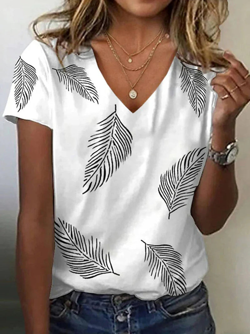 Simple Leaf Print V-neck Short Sleeve T-Shirt